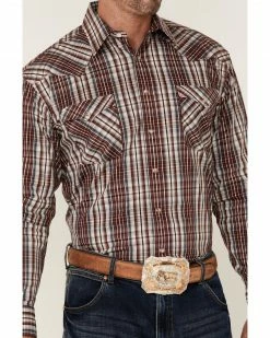 Rough Stock By Panhandle Men's Maroon Ombre Plaid Long Sleeve Snap Western Shirt  -Panhandle shop 2000352313 642 P3