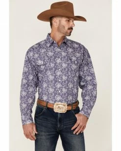 Panhandle Select Men's Navy Floral Print Long Sleeve Snap Western Shirt 