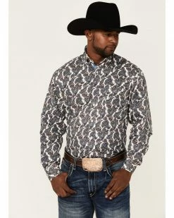 Rough Stock By Panhandle Men's Ercu Paisley Print Long Sleeve Button-Down Western Shirt Navy