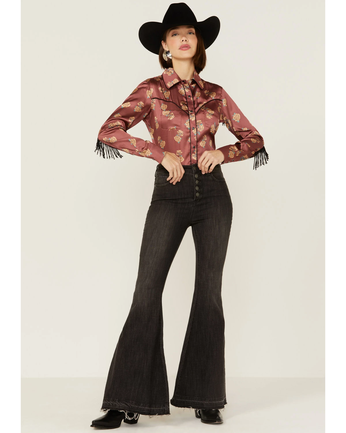 Panhandle Women's Floral Satin Fringe Western Snap Shirt Rust Copper 6 Panhandle Women's Floral Satin Fringe Western Snap Shirt Rust Copper - Image 4