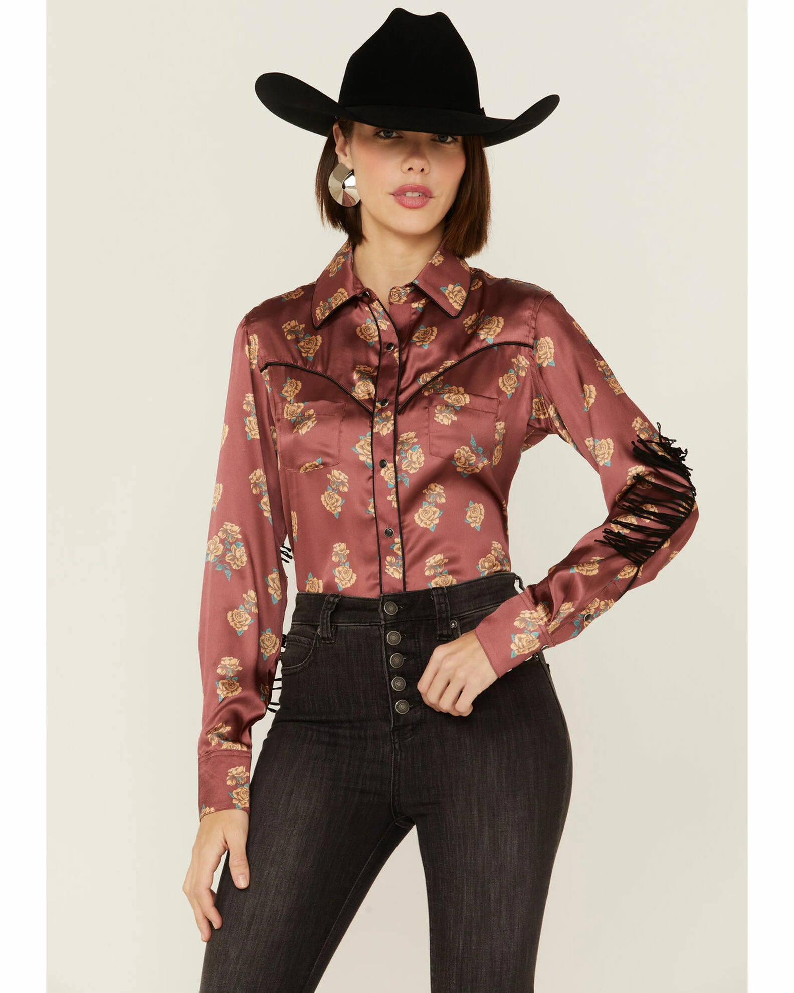 Panhandle Women's Floral Satin Fringe Western Snap Shirt Rust Copper 4 Panhandle Women's Floral Satin Fringe Western Snap Shirt Rust Copper - Image 2
