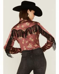 Panhandle Women's Floral Satin Fringe Western Snap Shirt Rust Copper 8 Panhandle Women's Floral Satin Fringe Western Snap Shirt Rust Copper -Panhandle shop 2000360488 220 P3