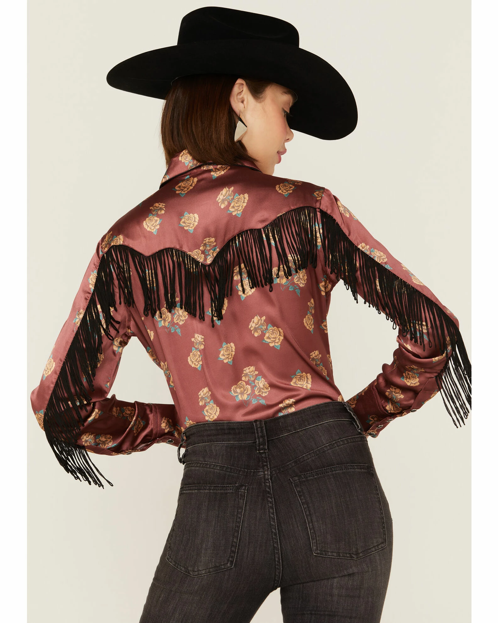 Panhandle Women's Floral Satin Fringe Western Snap Shirt Rust Copper 5 Panhandle Women's Floral Satin Fringe Western Snap Shirt Rust Copper - Image 3