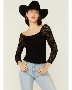 Panhandle Women's Smocked Off Shoulder Lace Sleeve Top