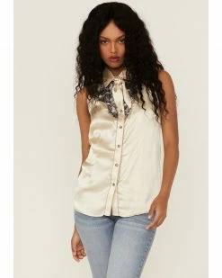 Panhandle Women's Ivory Satin Sleeveless Paisley Yoke Western Shirt