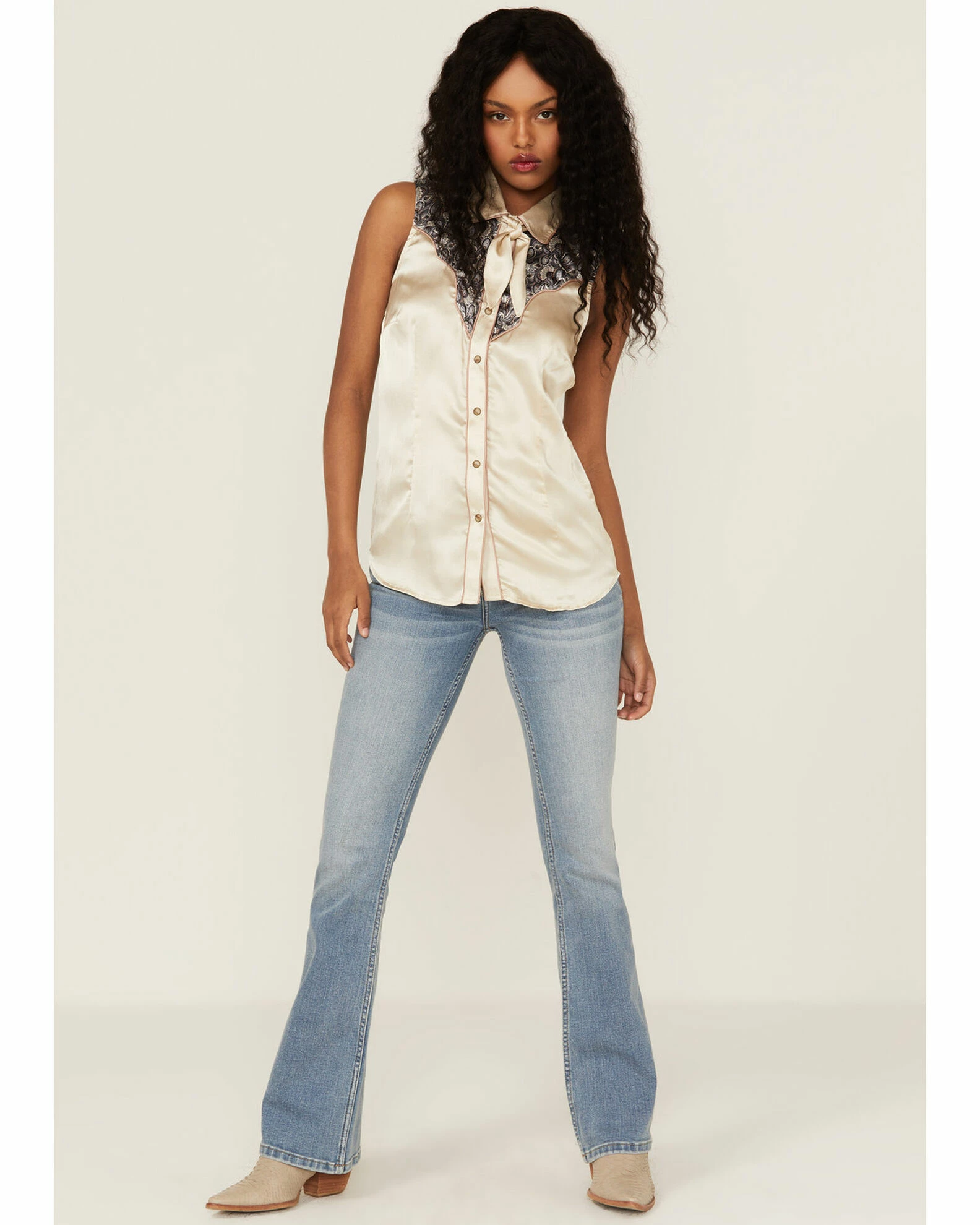 Panhandle Women's Ivory Satin Sleeveless Paisley Yoke Western Shirt 4 Panhandle Women's Ivory Satin Sleeveless Paisley Yoke Western Shirt - Image 2