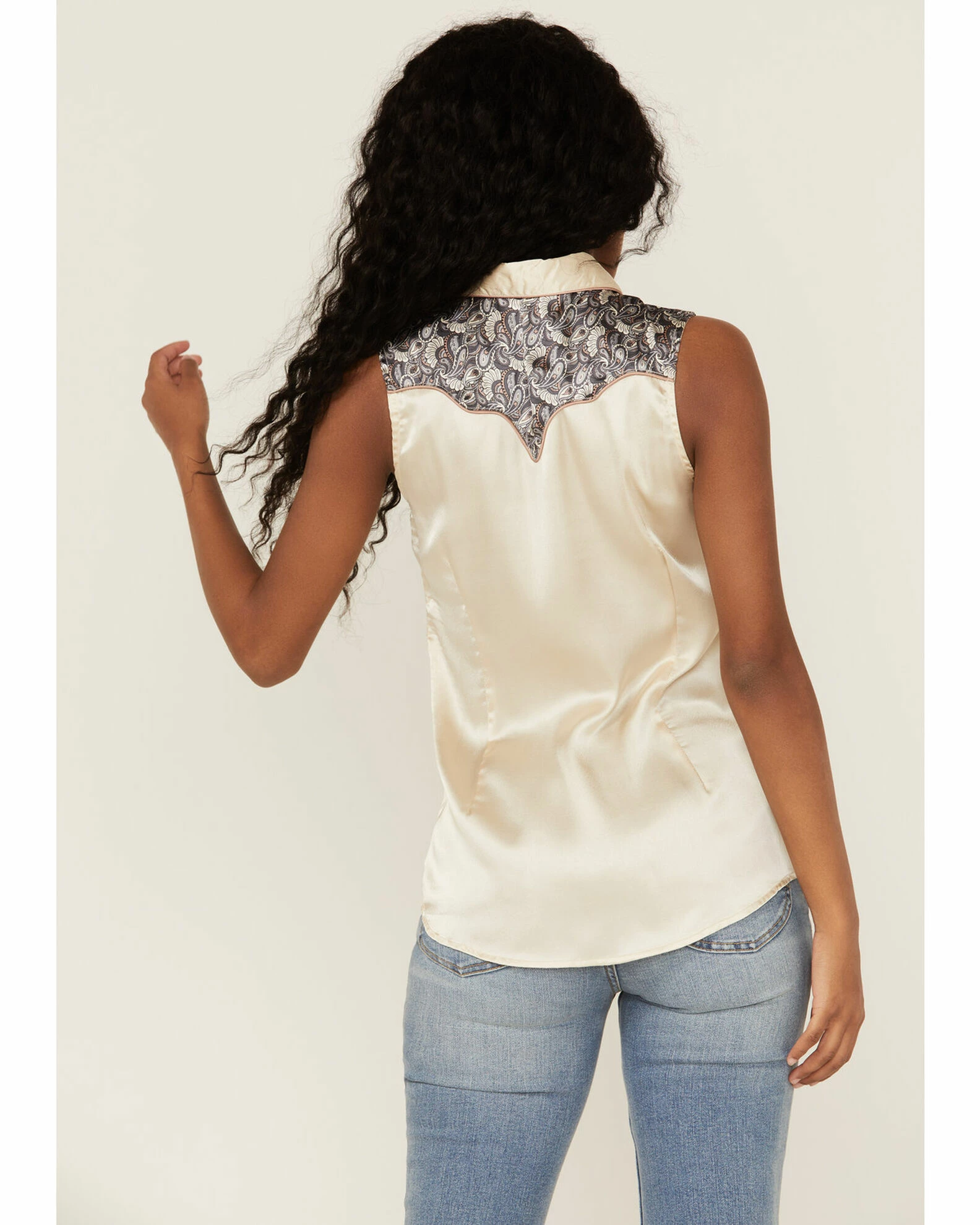 Panhandle Women's Ivory Satin Sleeveless Paisley Yoke Western Shirt 6 Panhandle Women's Ivory Satin Sleeveless Paisley Yoke Western Shirt - Image 4