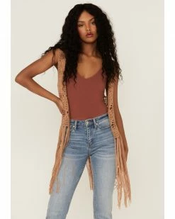 Panhandle Women's Mocha Crochet Fringe Vest Brown