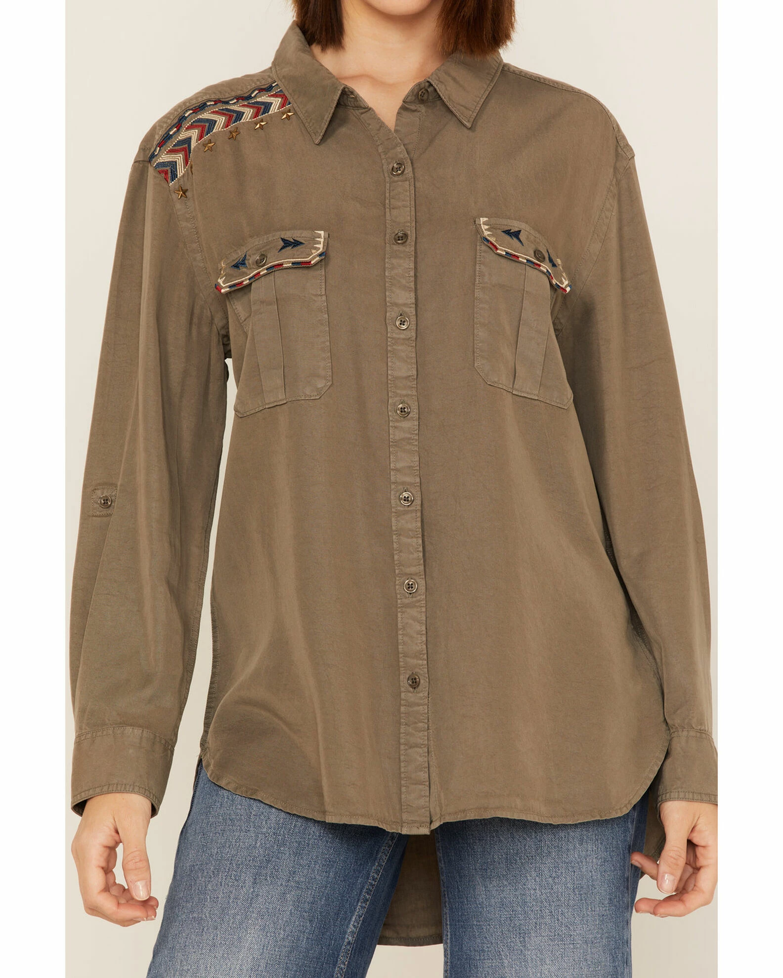 Panhandle Women's Olive Embroidered Studded Long Sleeve Shirt 5 Panhandle Women's Olive Embroidered Studded Long Sleeve Shirt - Image 3