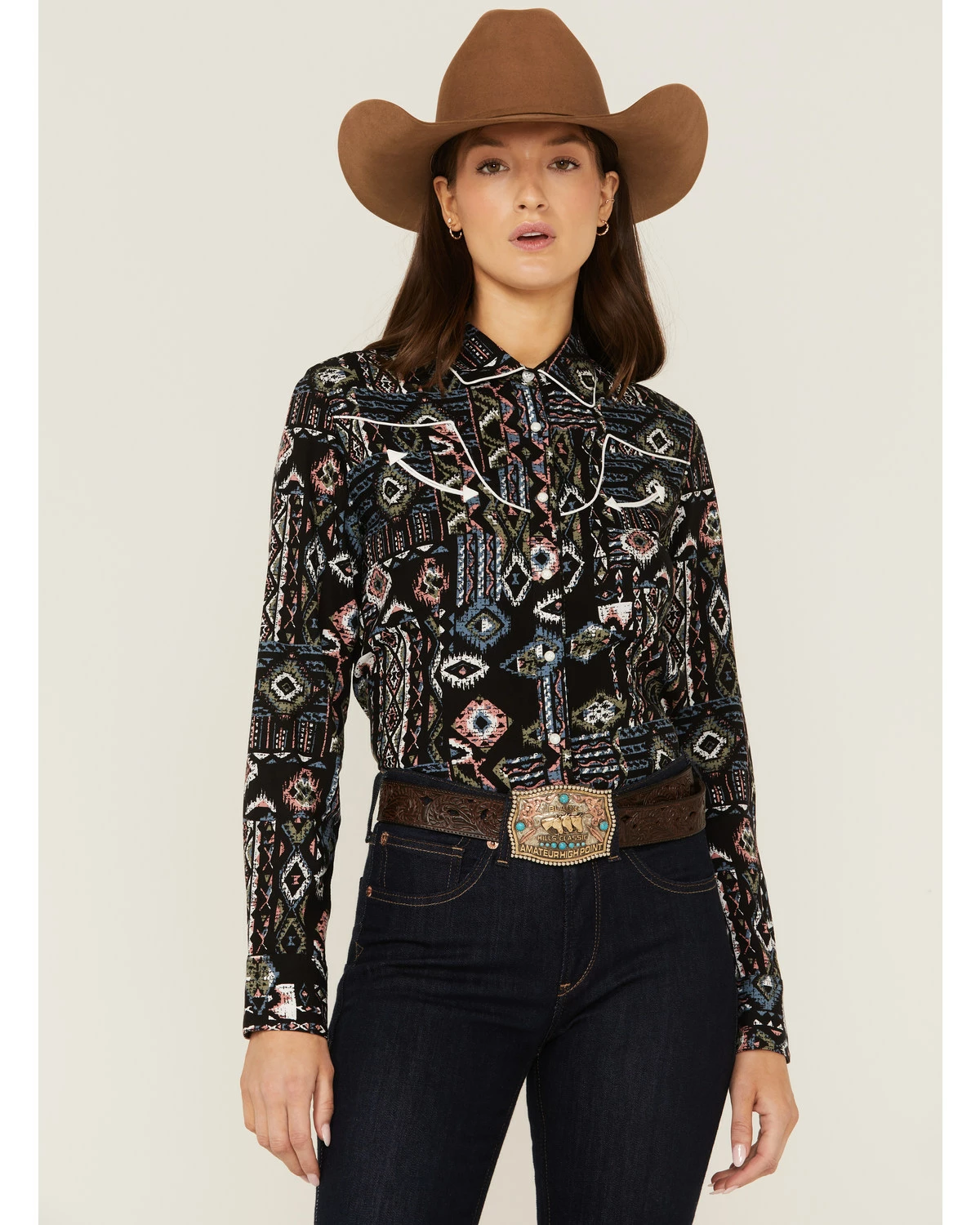 Panhandle Women's Southwestern Print Western Snap Shirt Black 7 Panhandle Women's Southwestern Print Western Snap Shirt Black - Image 5