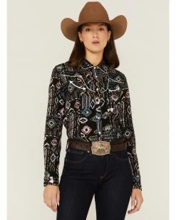 Panhandle Women's Southwestern Print Western Snap Shirt Black