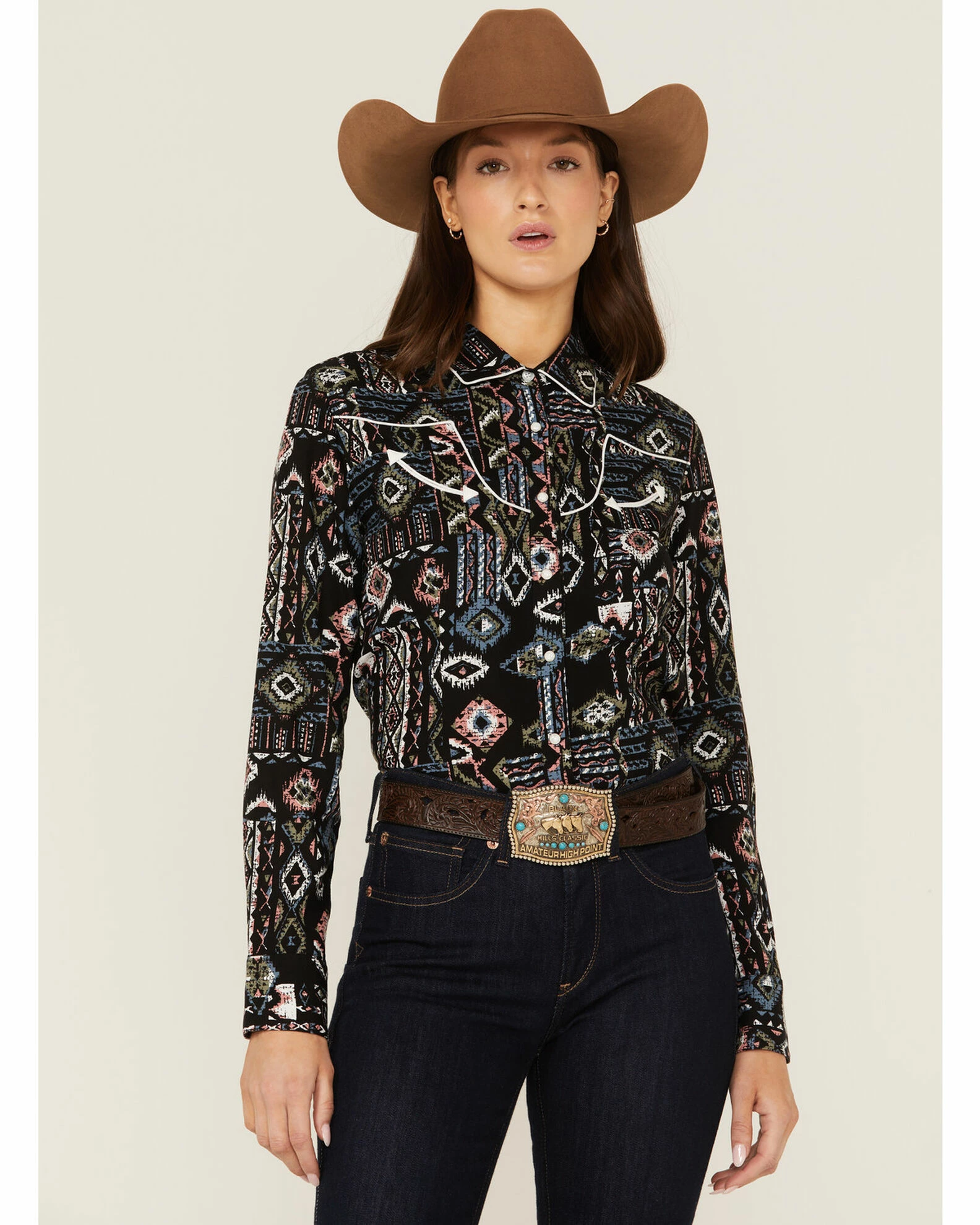 Panhandle Women's Southwestern Print Western Snap Shirt Black 3 Panhandle Women's Southwestern Print Western Snap Shirt Black