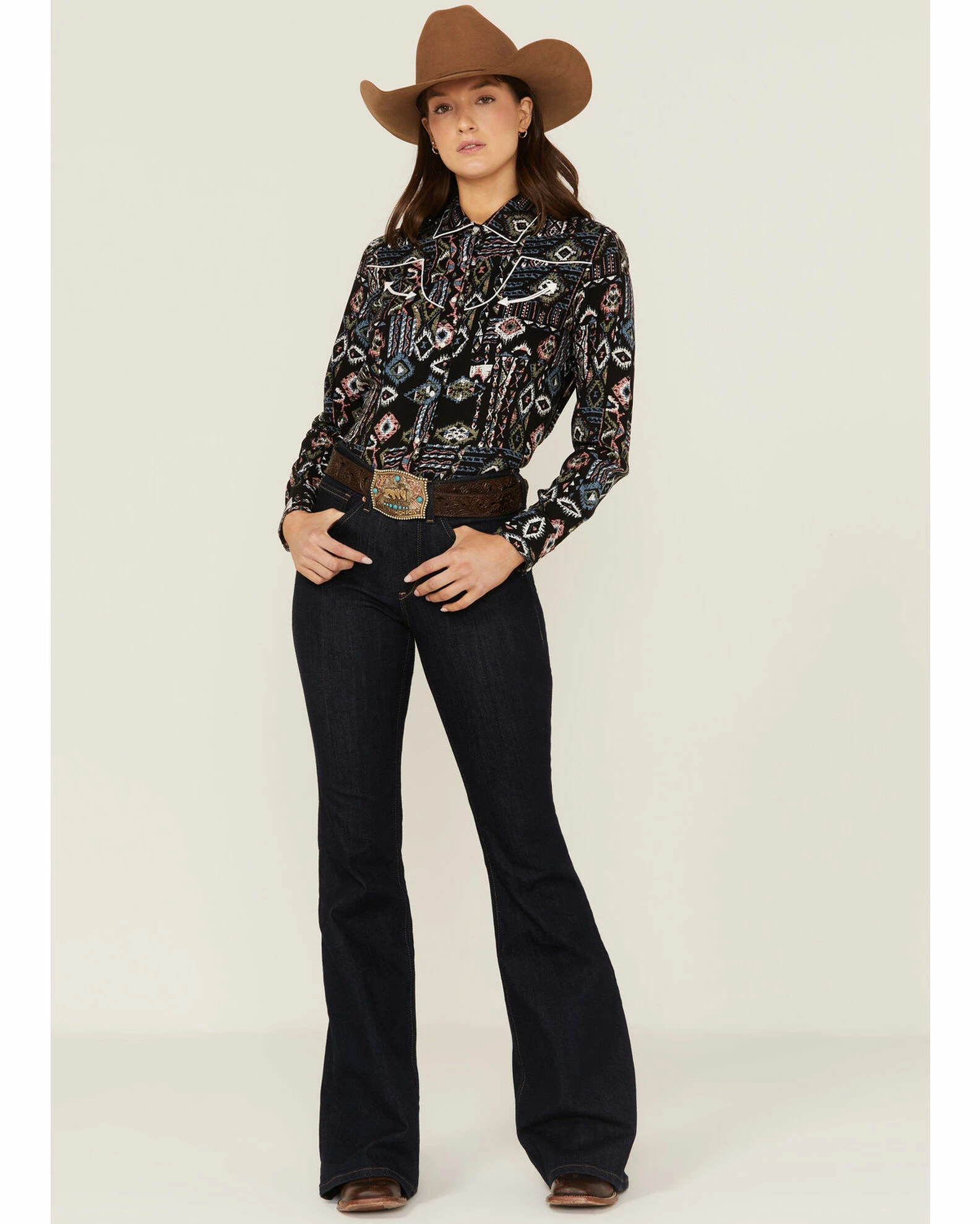 Panhandle Women's Southwestern Print Western Snap Shirt Black 4 Panhandle Women's Southwestern Print Western Snap Shirt Black - Image 2