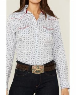 Panhandle Women's Mini Southwestern Geo Whipstitch Long Sleeve Western Shirt Blue -Panhandle shop 2000360507 400 P3