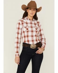 Rough Stock By Panhandle Women's Dobby Plaid Western Snap Shirt Red
