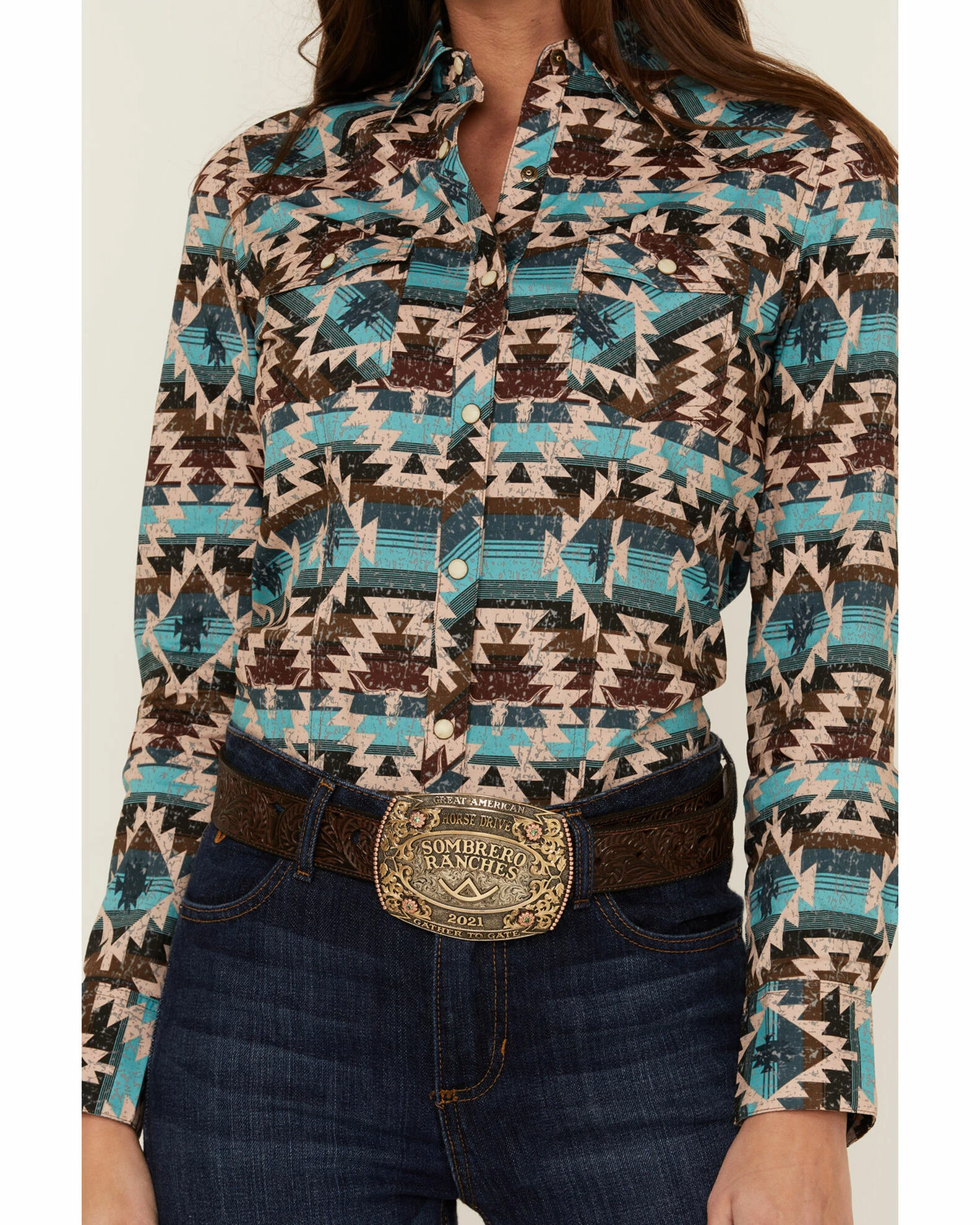 Panhandle Women's Multi Southwestern Snap Shirt Teal 4 Panhandle Women's Multi Southwestern Snap Shirt Teal - Image 2