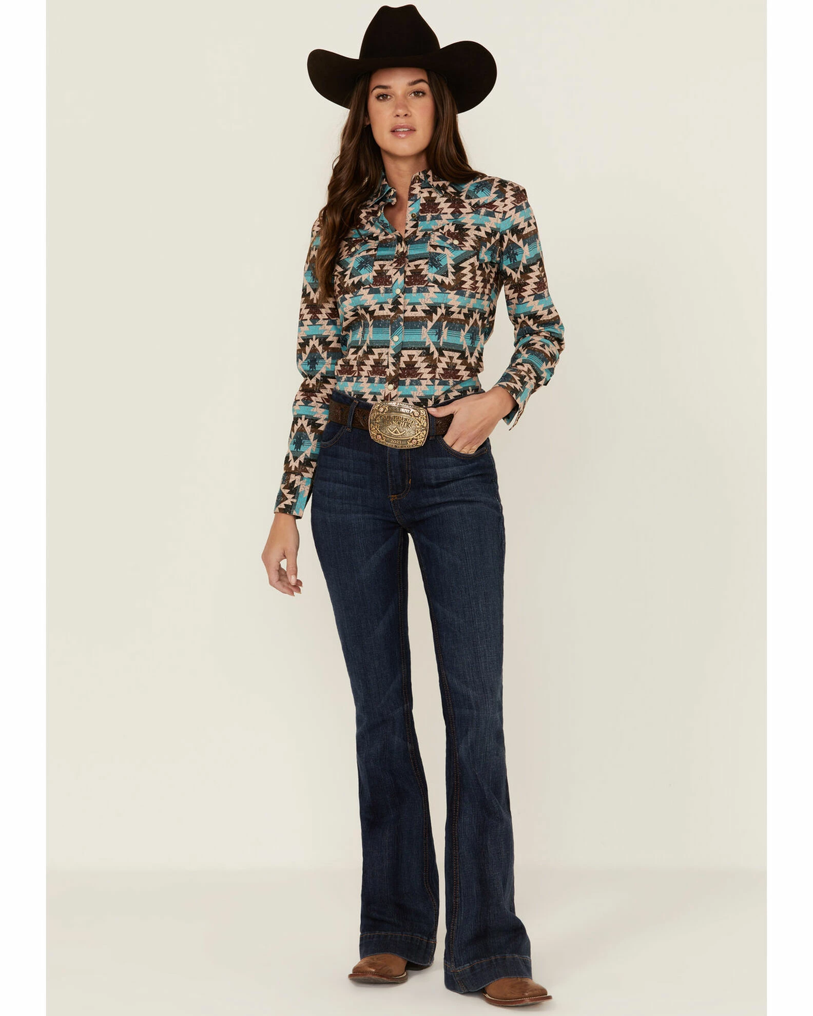 Panhandle Women's Multi Southwestern Snap Shirt Teal 6 Panhandle Women's Multi Southwestern Snap Shirt Teal - Image 4