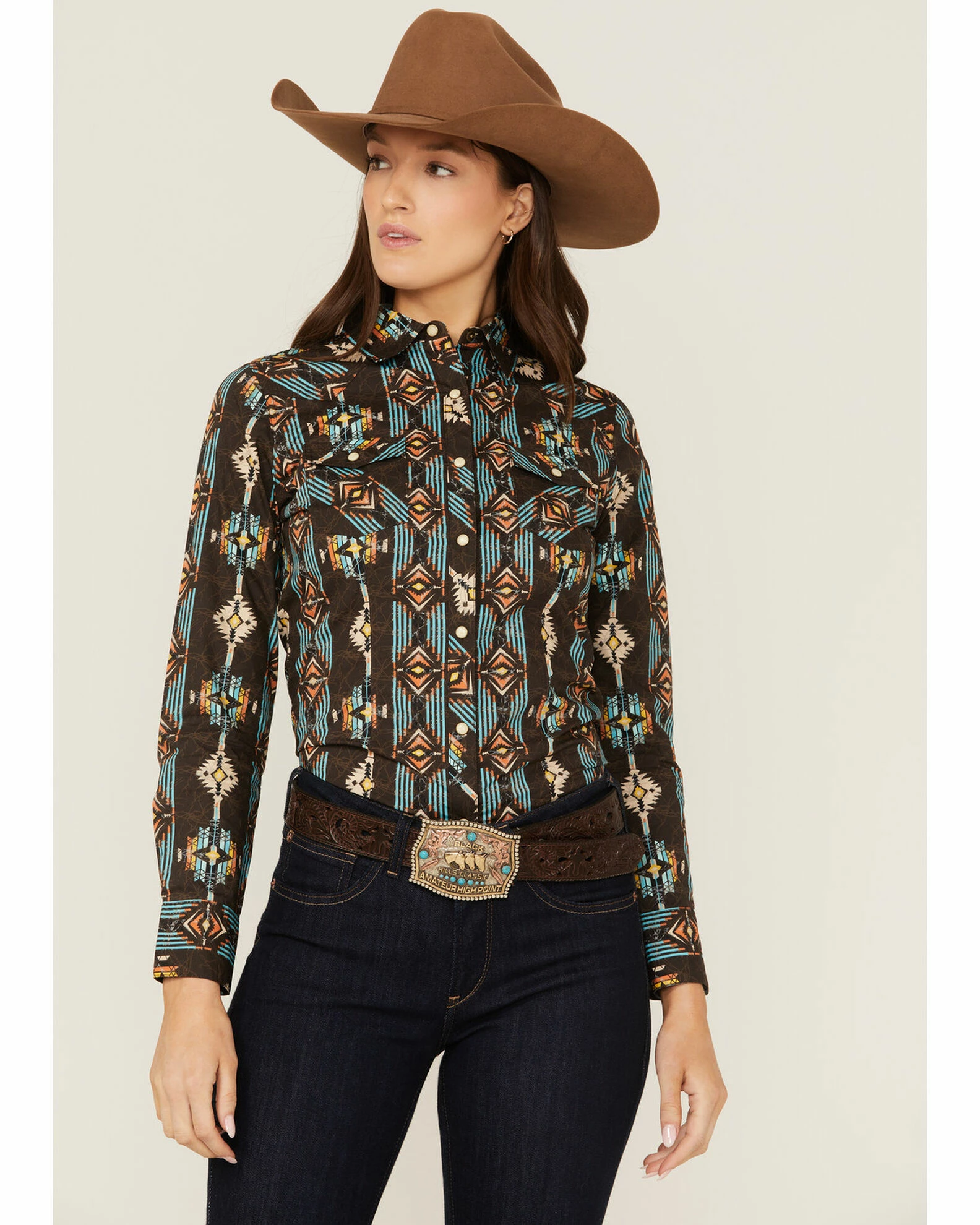 Panhandle Women's Southwestern Print Long Sleeve Snap Western Shirt Brown 3 Panhandle Women's Southwestern Print Long Sleeve Snap Western Shirt Brown