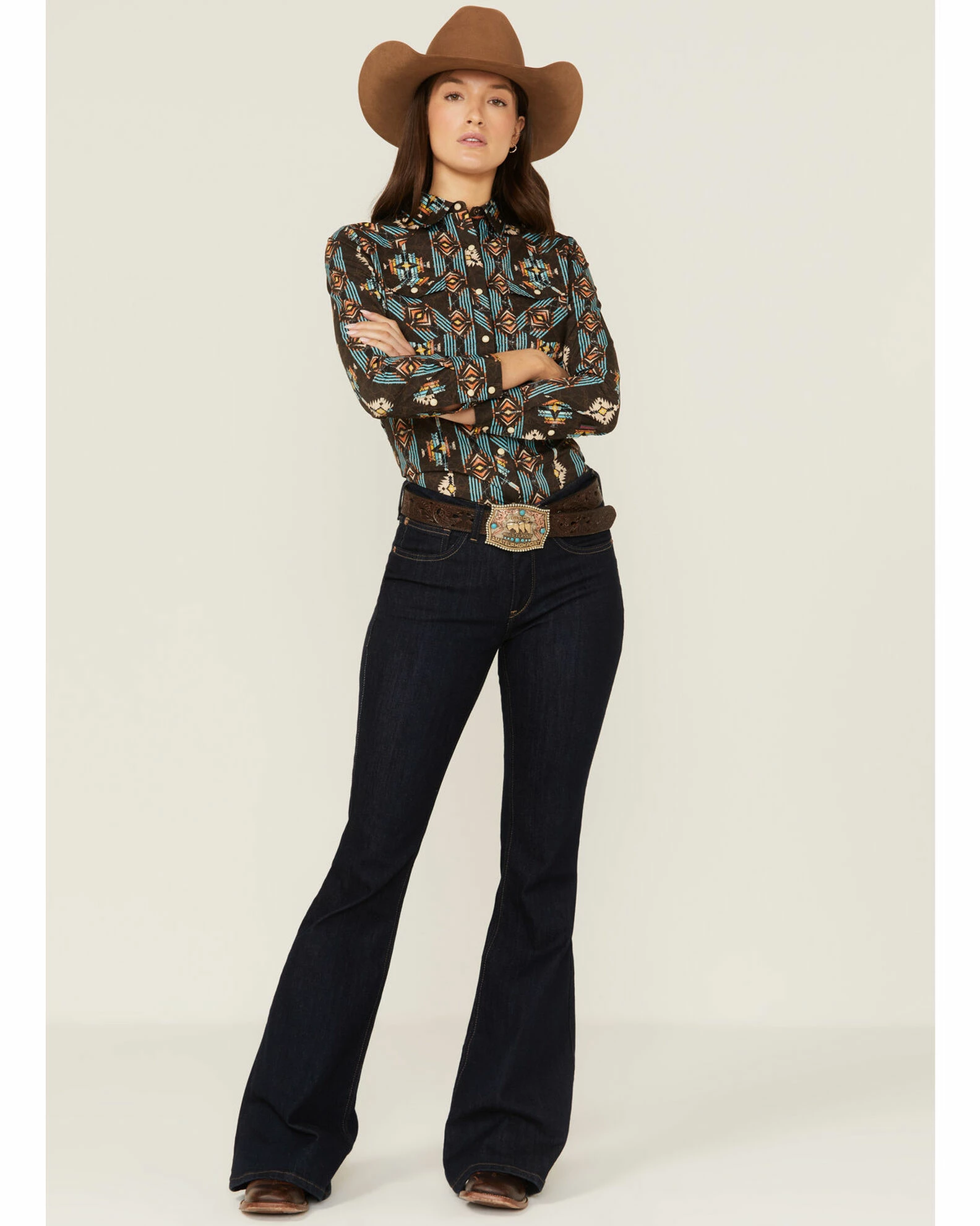 Panhandle Women's Southwestern Print Long Sleeve Snap Western Shirt Brown 4 Panhandle Women's Southwestern Print Long Sleeve Snap Western Shirt Brown - Image 2