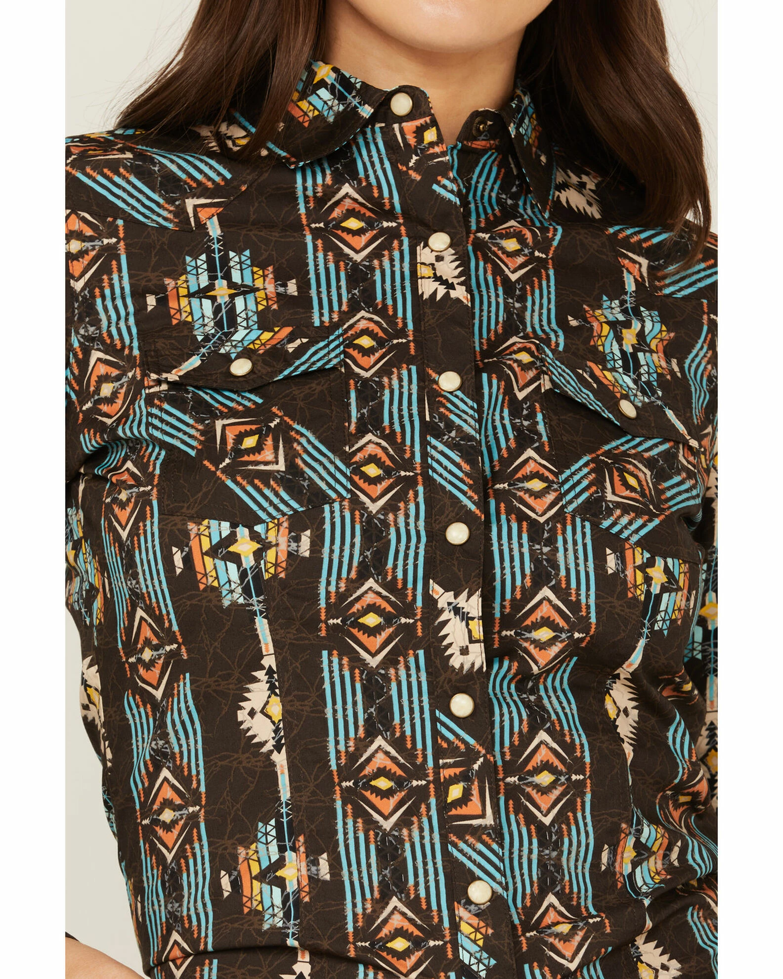 Panhandle Women's Southwestern Print Long Sleeve Snap Western Shirt Brown 5 Panhandle Women's Southwestern Print Long Sleeve Snap Western Shirt Brown - Image 3