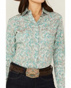 Panhandle Women's Distressed Paisley Western Snap Shirt Teal -Panhandle shop 2000360518 442 P3