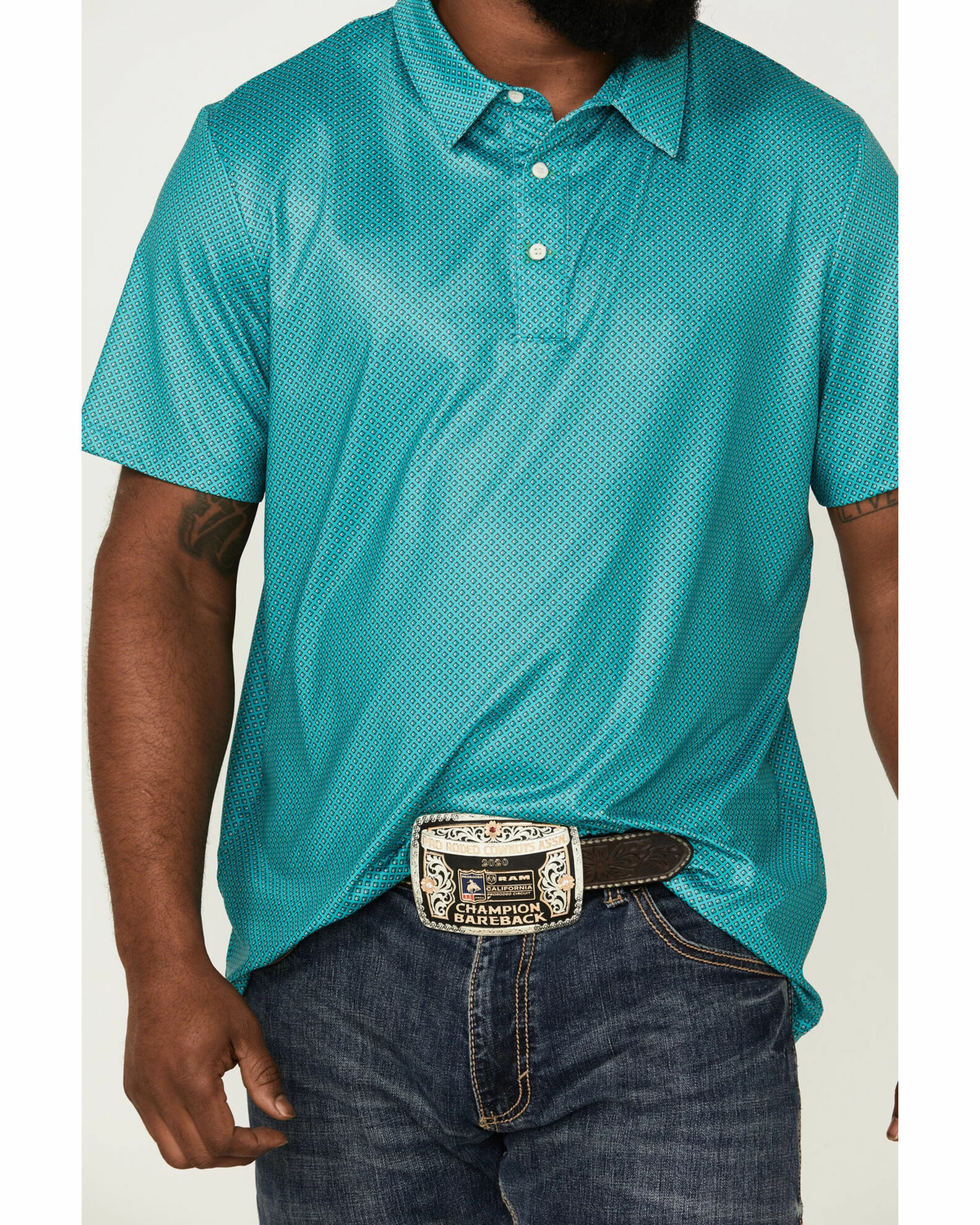 Panhandle Men's Performance Teal Geo Print Short Sleeve Polo Shirt 5 Panhandle Men's Performance Teal Geo Print Short Sleeve Polo Shirt - Image 3