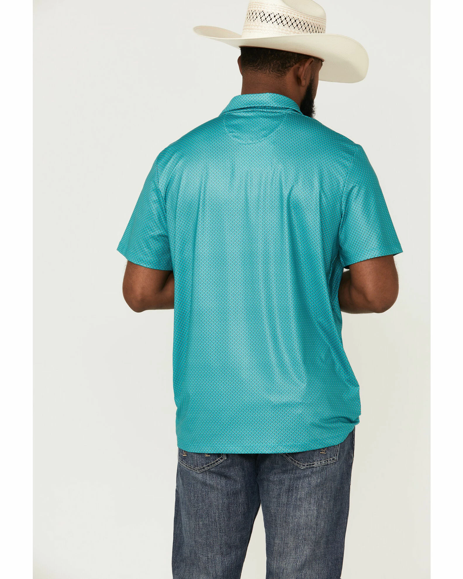 Panhandle Men's Performance Teal Geo Print Short Sleeve Polo Shirt 6 Panhandle Men's Performance Teal Geo Print Short Sleeve Polo Shirt - Image 4