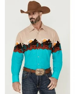 Panhandle Men's Turquoise Scenic Border Print Long Sleeve Snap Western Shirt  -Panhandle shop 2000360730 440 P1 1