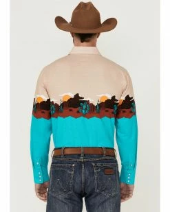 Panhandle Men's Turquoise Scenic Border Print Long Sleeve Snap Western Shirt  -Panhandle shop 2000360730 440 P4