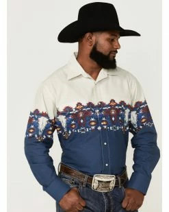 Panhandle Men's Longhorn Southwestern Border Print Long Sleeve Snap Western Shirt Navy