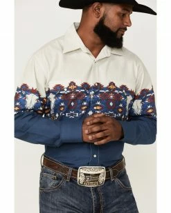 Panhandle Men's Longhorn Southwestern Border Print Long Sleeve Snap Western Shirt  Navy -Panhandle shop 2000360735 410 P3