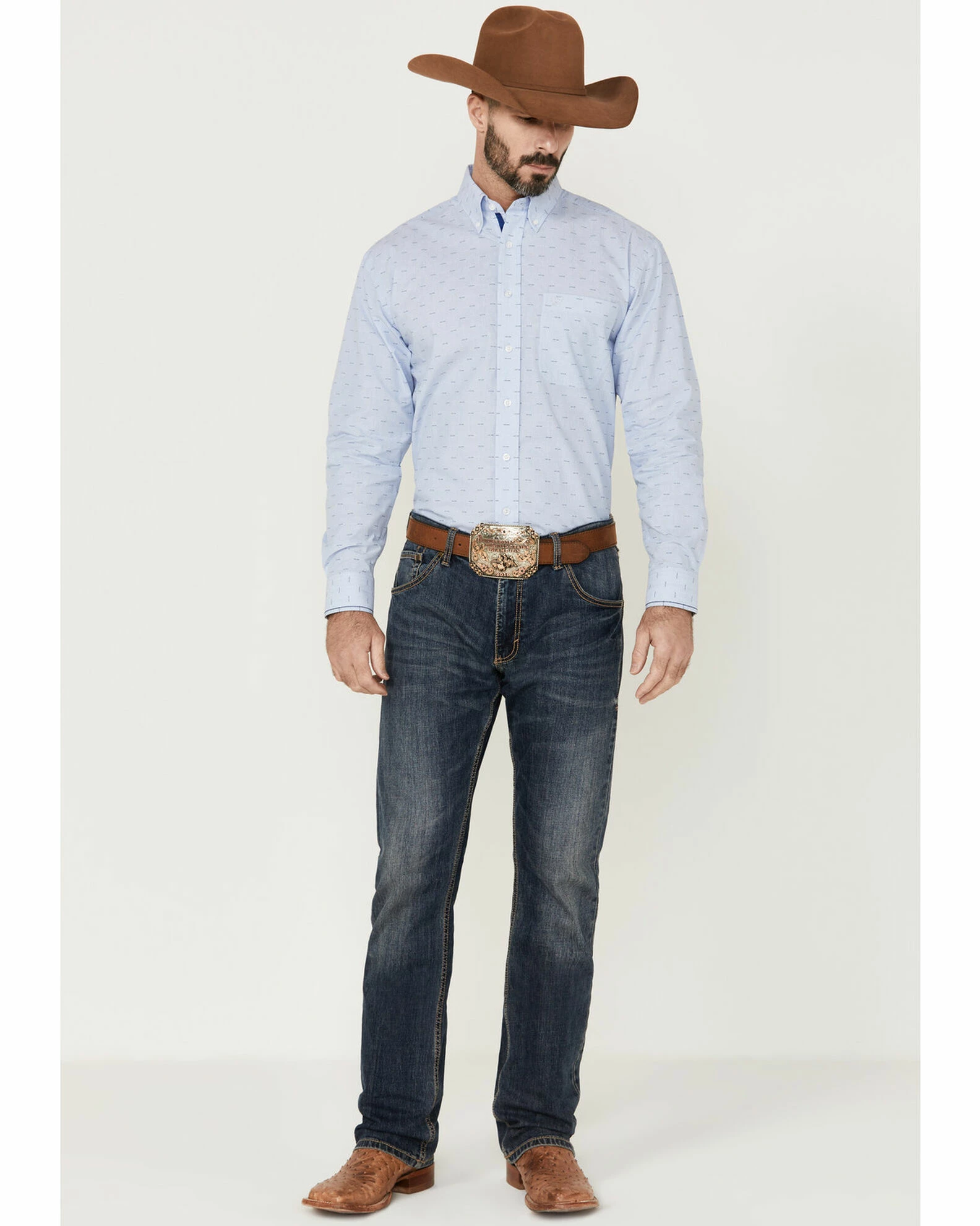 Rough Stock By Panhandle Men's Light Blue Dobby Geo Print Long Sleeve Button-Down Western Shirt 4 Rough Stock By Panhandle Men's Light Blue Dobby Geo Print Long Sleeve Button-Down Western Shirt - Image 2