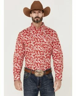 Panhandle Select Men's Red Floral Print Long Sleeve Button-Down Western Shirt 