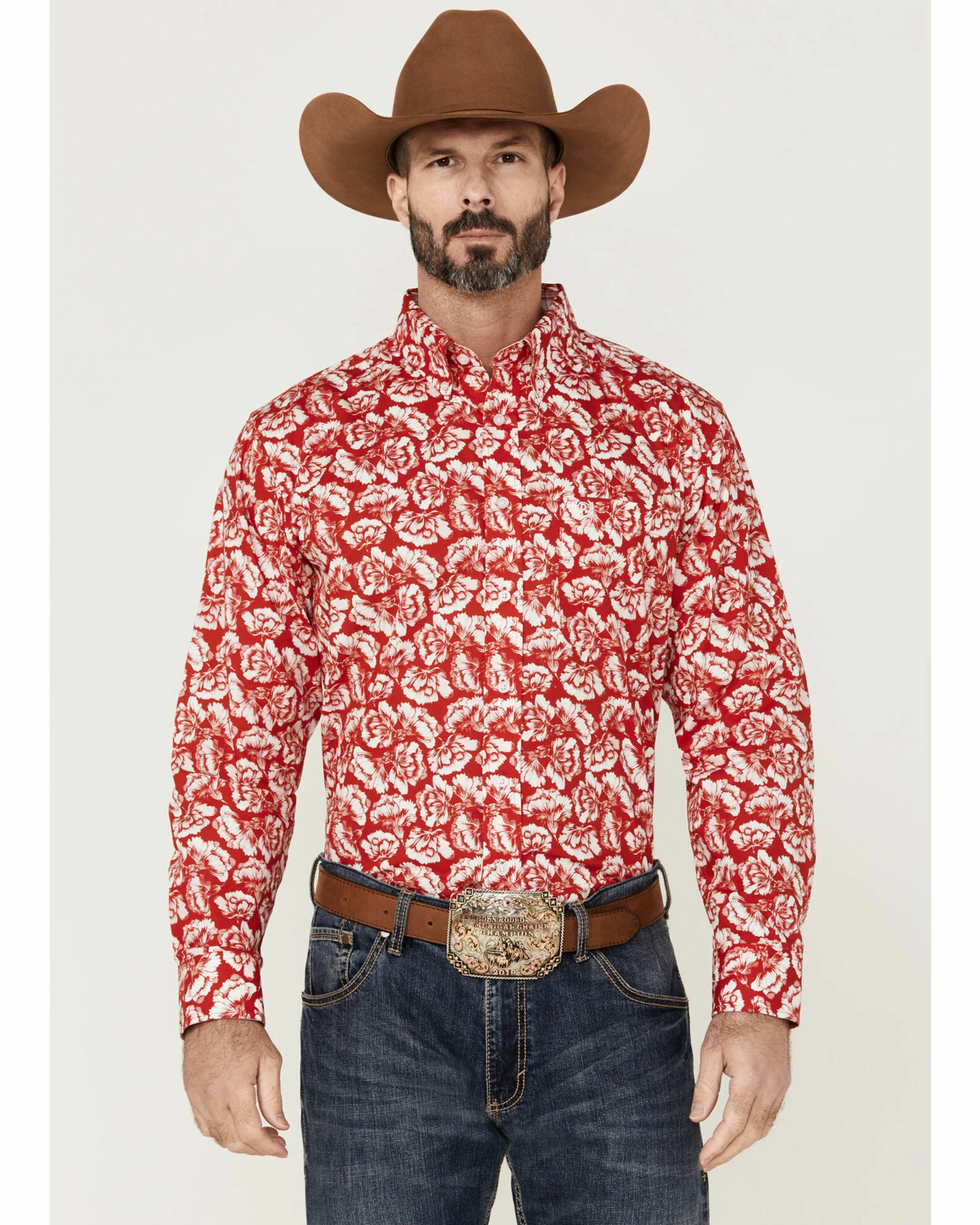 Panhandle Select Men's Red Floral Print Long Sleeve Button-Down Western Shirt 3 Panhandle Select Men's Red Floral Print Long Sleeve Button-Down Western Shirt