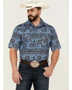 Rough Stock By Panhandle Men's Horizontal Southwestern Print Short Sleeve Snap Blue Western Shirt 