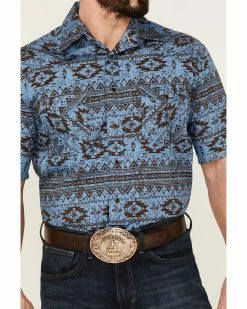 Rough Stock By Panhandle Men's Horizontal Southwestern Print Short Sleeve Snap Blue Western Shirt  -Panhandle shop 2000360755 400 P3