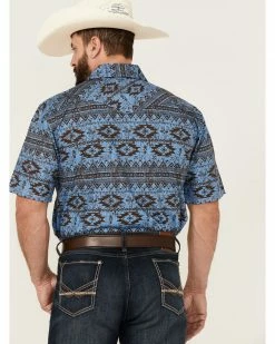 Rough Stock By Panhandle Men's Horizontal Southwestern Print Short Sleeve Snap Blue Western Shirt  -Panhandle shop 2000360755 400 P4