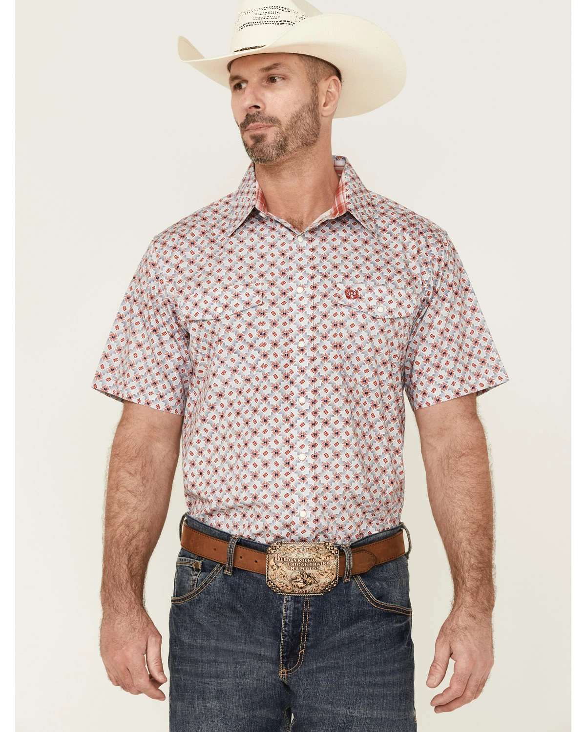 Panhandle Select Men's Small Red Geo Print Short Sleeve Snap Western Shirt 7 Panhandle Select Men's Small Red Geo Print Short Sleeve Snap Western Shirt - Image 5