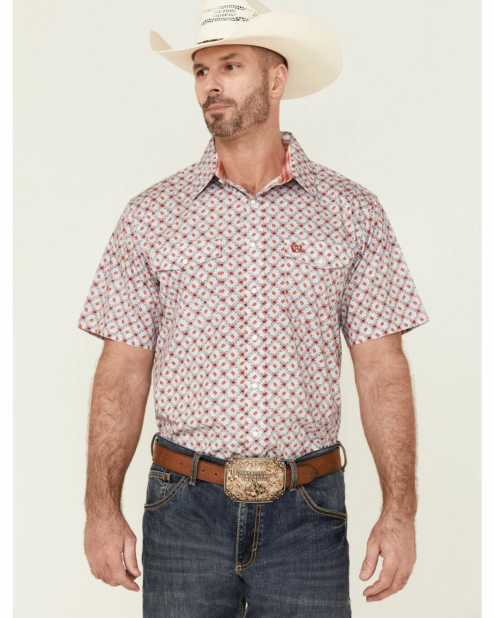 Panhandle Select Men's Small Red Geo Print Short Sleeve Snap Western Shirt 3 Panhandle Select Men's Small Red Geo Print Short Sleeve Snap Western Shirt