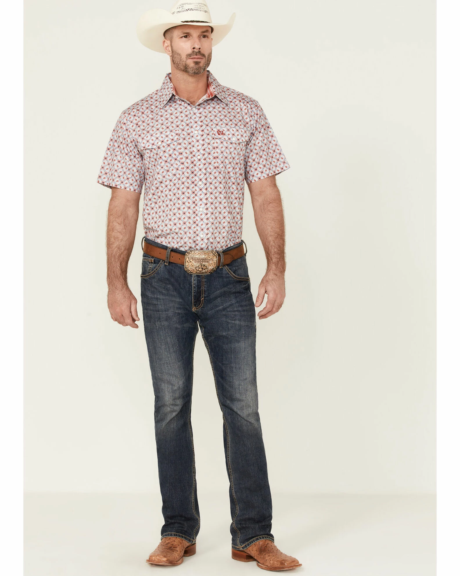 Panhandle Select Men's Small Red Geo Print Short Sleeve Snap Western Shirt 4 Panhandle Select Men's Small Red Geo Print Short Sleeve Snap Western Shirt - Image 2