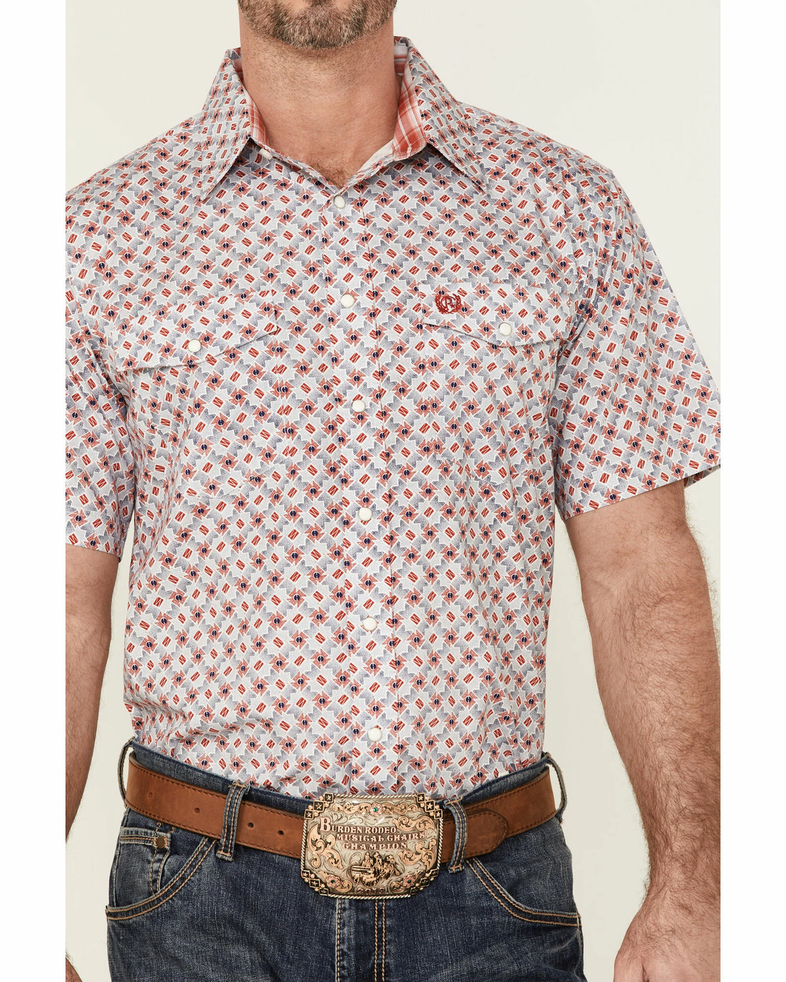 Panhandle Select Men's Small Red Geo Print Short Sleeve Snap Western Shirt 5 Panhandle Select Men's Small Red Geo Print Short Sleeve Snap Western Shirt - Image 3