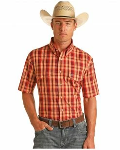 Panhandle Select Men's Plaid Orange Short Sleeve Snap Western Shirt 