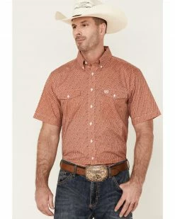 Panhandle Select Men's Orange Poplin Geo Print Short Sleeve Button-Down Western Shirt 