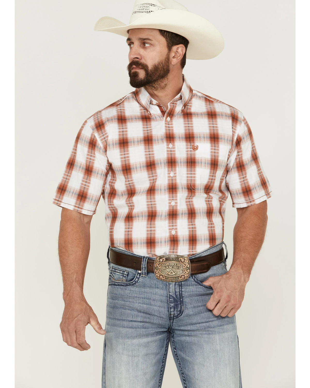 Rough Stock By Panhandle Men's Windowpaine Plaid Short Sleeve Button-Down Western Shirt Orange 7 Rough Stock By Panhandle Men's Windowpaine Plaid Short Sleeve Button-Down Western Shirt Orange - Image 5