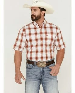 Rough Stock By Panhandle Men's Windowpaine Plaid Short Sleeve Button-Down Western Shirt Orange