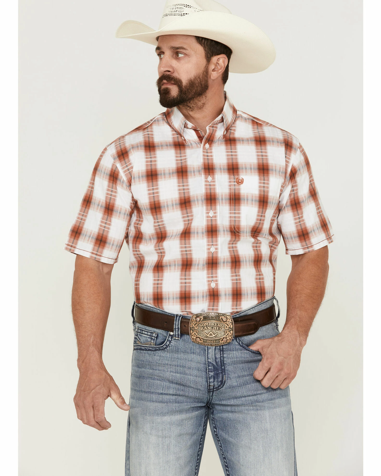 Rough Stock By Panhandle Men's Windowpaine Plaid Short Sleeve Button-Down Western Shirt Orange 3 Rough Stock By Panhandle Men's Windowpaine Plaid Short Sleeve Button-Down Western Shirt Orange