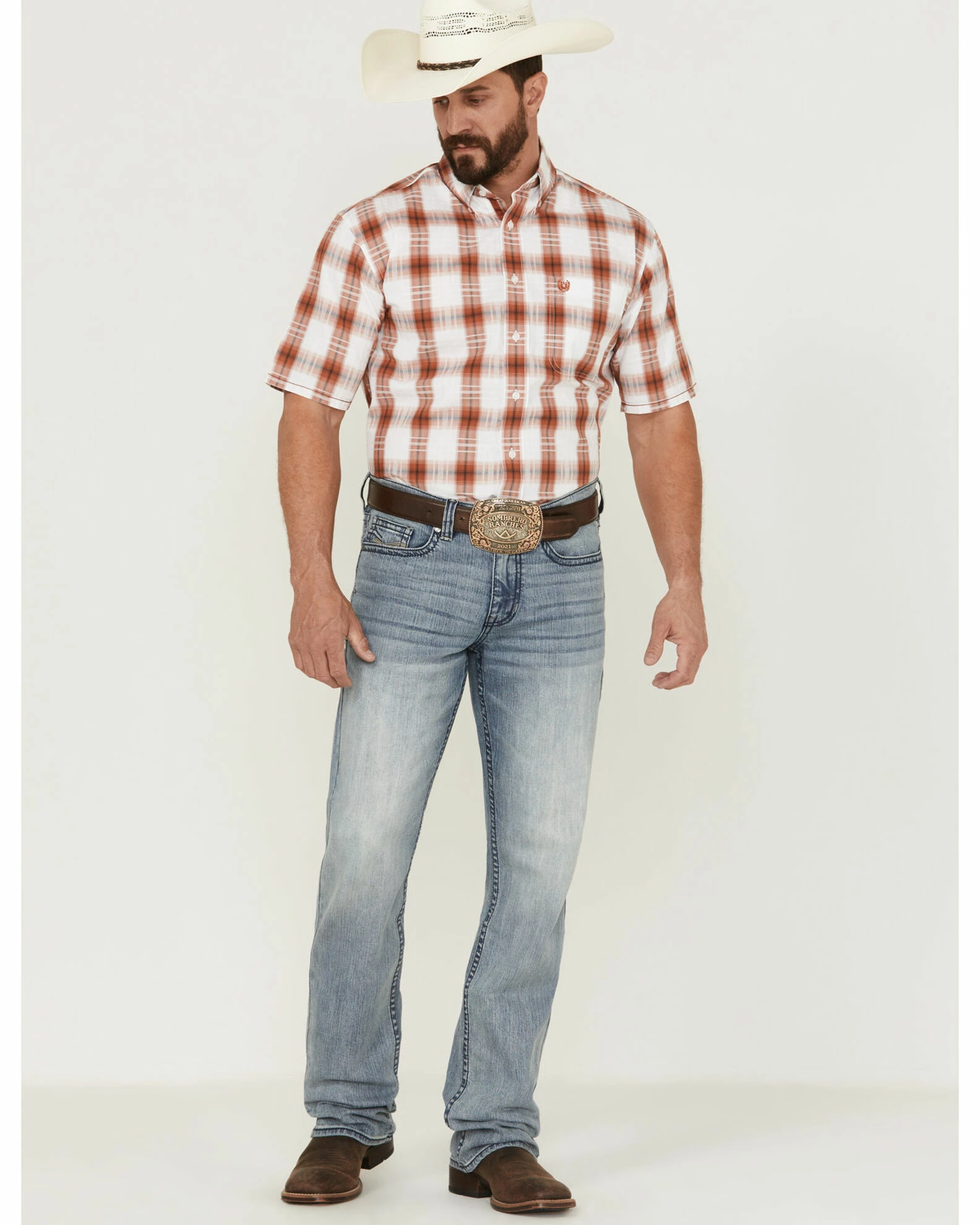 Rough Stock By Panhandle Men's Windowpaine Plaid Short Sleeve Button-Down Western Shirt Orange 4 Rough Stock By Panhandle Men's Windowpaine Plaid Short Sleeve Button-Down Western Shirt Orange - Image 2