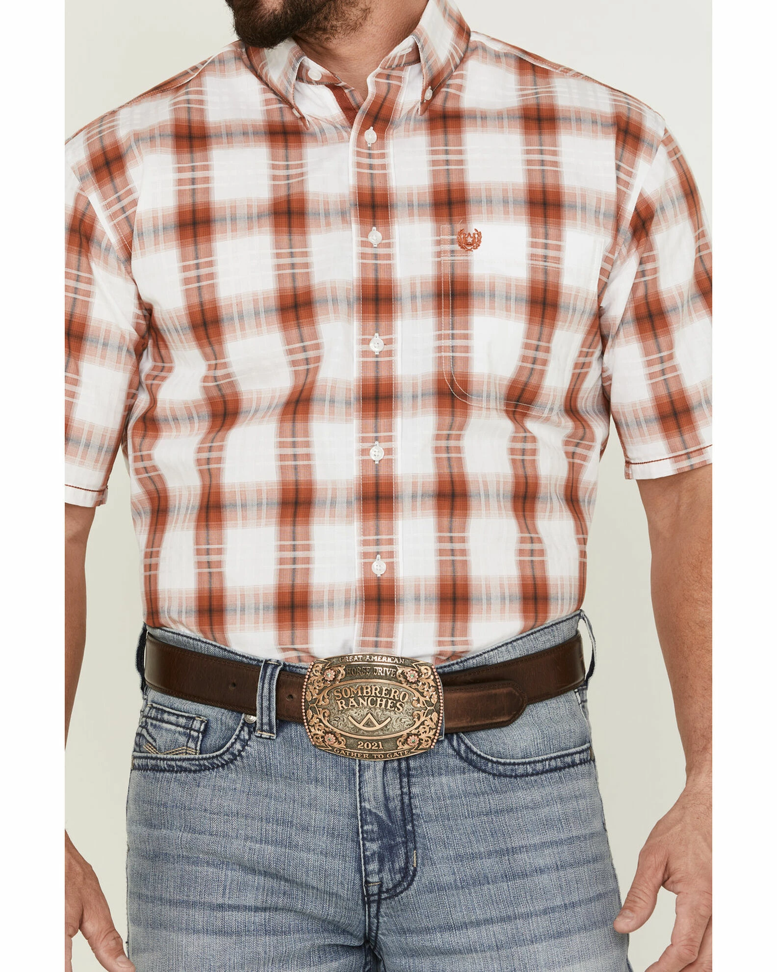 Rough Stock By Panhandle Men's Windowpaine Plaid Short Sleeve Button-Down Western Shirt Orange 5 Rough Stock By Panhandle Men's Windowpaine Plaid Short Sleeve Button-Down Western Shirt Orange - Image 3