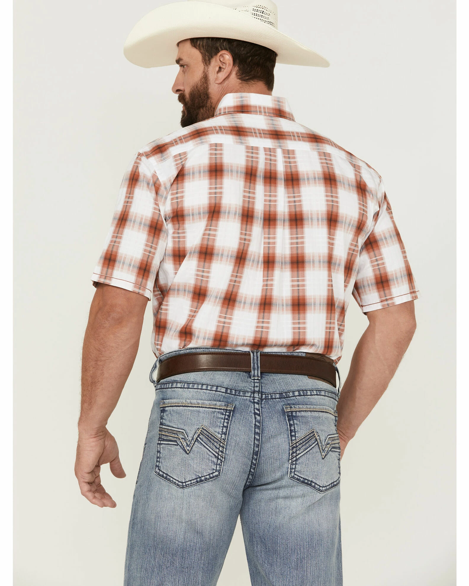 Rough Stock By Panhandle Men's Windowpaine Plaid Short Sleeve Button-Down Western Shirt Orange 6 Rough Stock By Panhandle Men's Windowpaine Plaid Short Sleeve Button-Down Western Shirt Orange - Image 4
