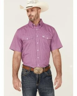 Panhandle Select Men's Geo Print Dark Orchid Short Sleeve Button-Down Western Shirt Purple